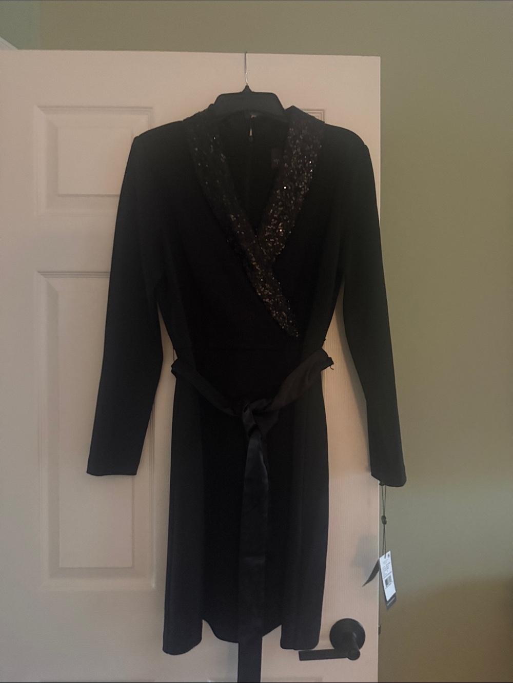Adrianna Papell Black Long Sleeve Wrap Dress with Sequin Shawl Collar